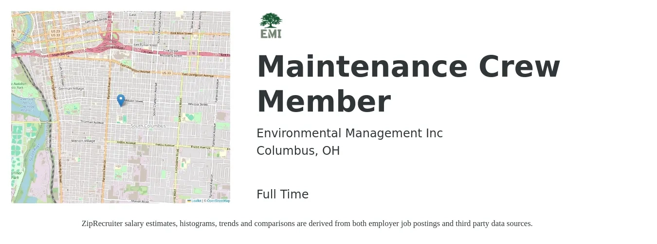 Environmental Management Inc job posting for a Maintenance Crew Member in Columbus, OH with a salary of $13 to $18 Hourly with a map of Columbus location.