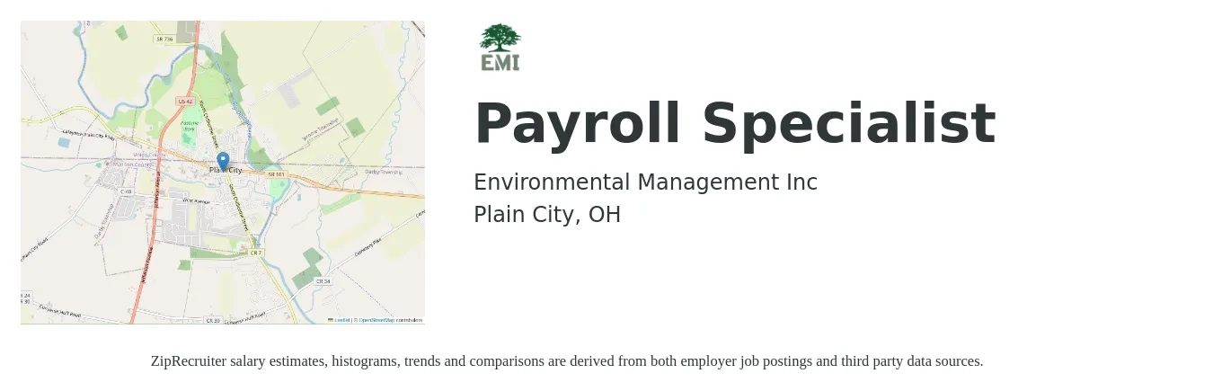 Environmental Management Inc job posting for a Payroll Specialist in Plain City, OH with a salary of $23 to $32 Hourly with a map of Plain City location.