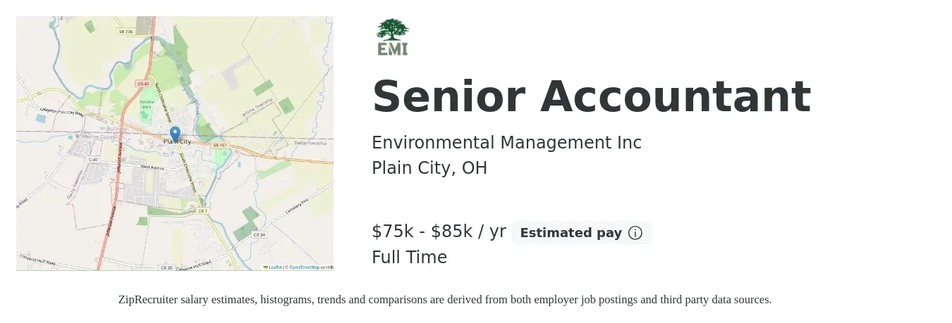 Environmental Management Inc job posting for a Senior Accountant in Plain City, OH with a salary of $75,000 to $85,000 Yearly with a map of Plain City location.
