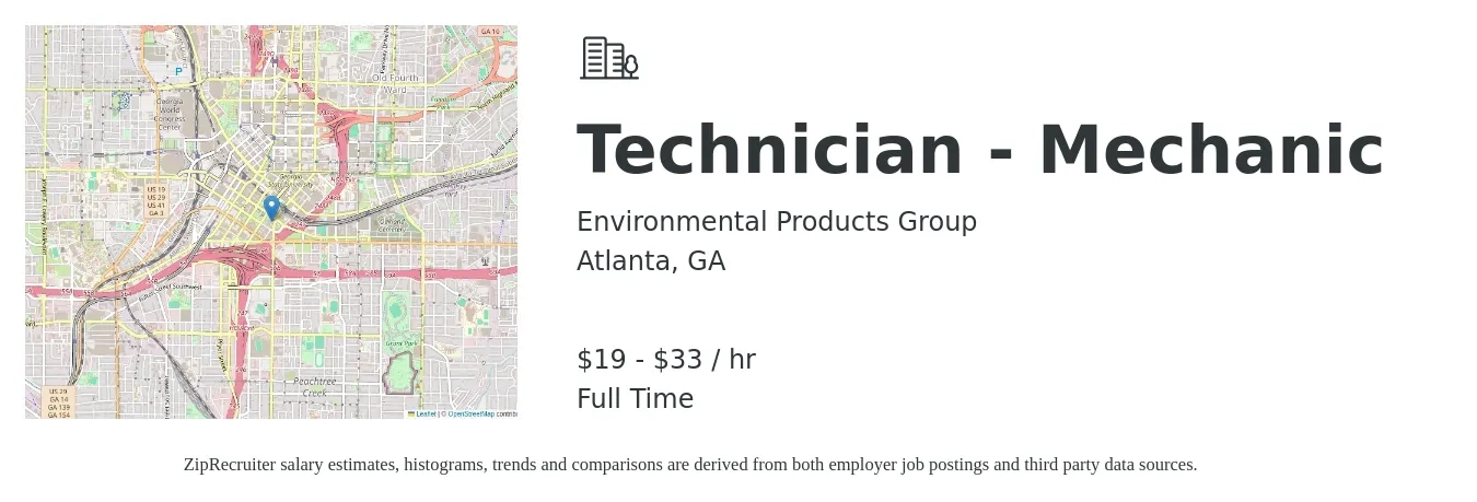 Environmental Products Group job posting for a Technician - Mechanic in Atlanta, GA with a salary of $20 to $35 Hourly with a map of Atlanta location.