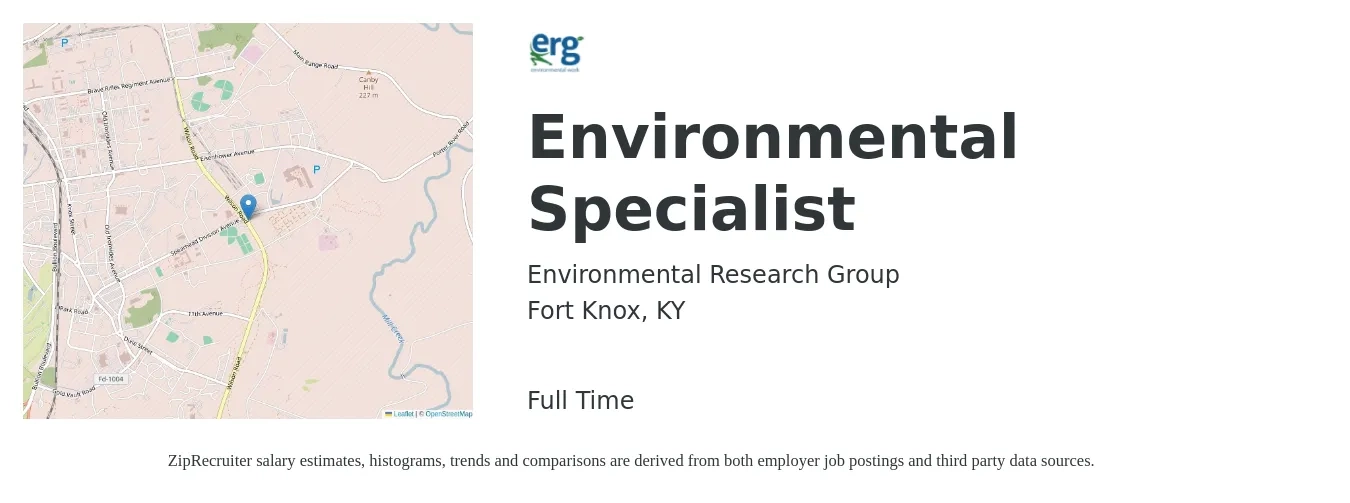 Environmental Research Group job posting for a Environmental Specialist in Fort Knox, KY with a salary of $41,500 to $69,600 Yearly with a map of Fort Knox location.