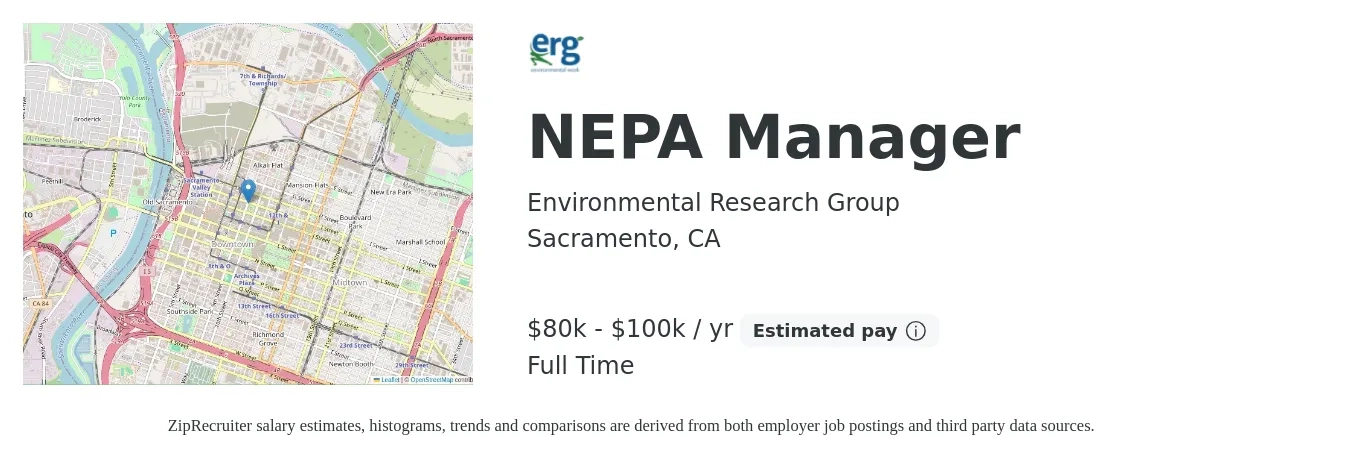 Environmental Research Group job posting for a NEPA Manager in Sacramento, CA with a salary of $80,000 to $100,000 Yearly with a map of Sacramento location.