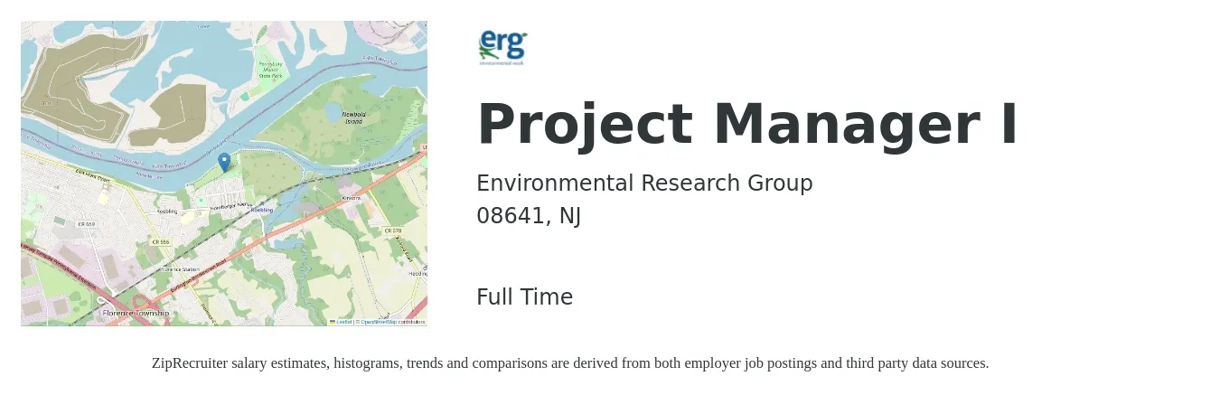 Environmental Research Group job posting for a Project Manager I in 08641, NJ with a salary of $72,700 to $109,600 Yearly with a map of 08641 location.