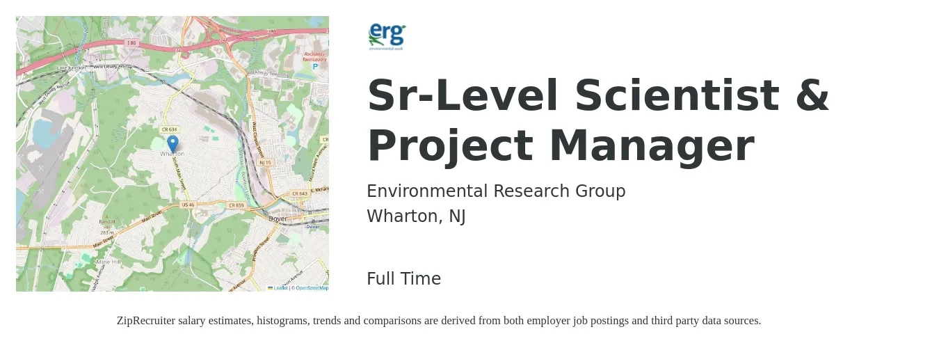 Environmental Research Group job posting for a Sr-Level Scientist & Project Manager in Wharton, NJ with a salary of $56,200 to $106,200 Yearly with a map of Wharton location.