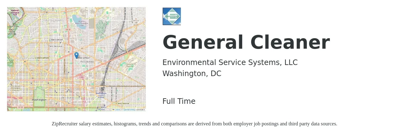 Environmental Service Systems, LLC job posting for a General Cleaner in Washington, DC with a salary of $16 to $18 Hourly with a map of Washington location.