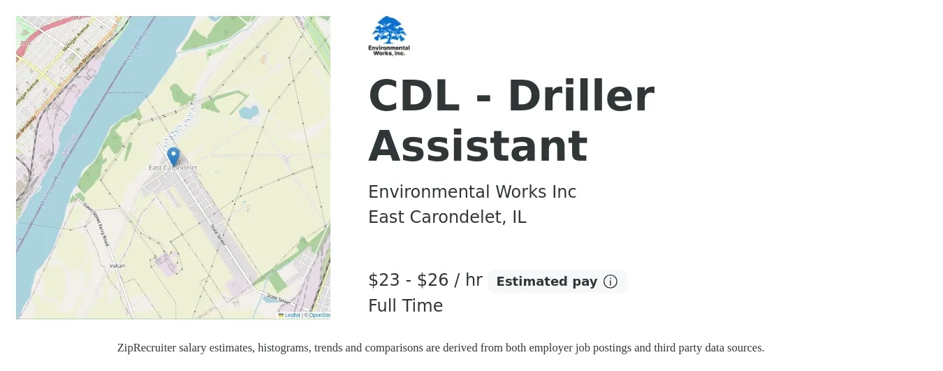 Environmental Works Inc job posting for a CDL - Driller Assistant in East Carondelet, IL with a salary of $24 to $28 Hourly with a map of East Carondelet location.