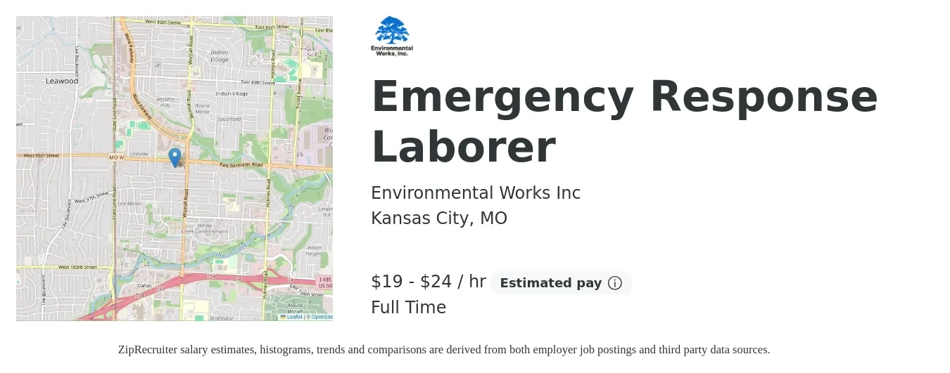 Environmental Works Inc job posting for a Emergency Response Laborer in Kansas City, MO with a salary of $20 to $25 Hourly with a map of Kansas City location.