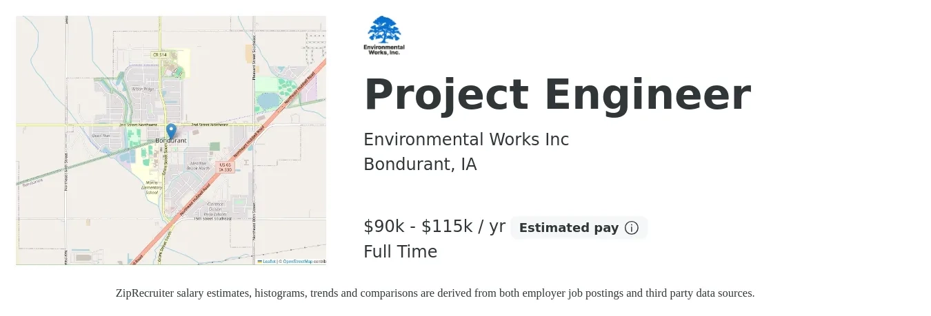 Environmental Works Inc job posting for a Project Engineer in Bondurant, IA with a salary of $90,000 to $115,000 Yearly with a map of Bondurant location.