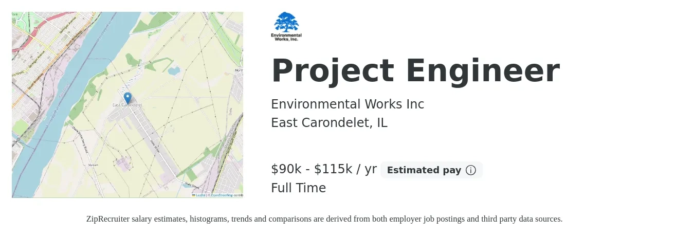 Environmental Works Inc job posting for a Project Engineer in East Carondelet, IL with a salary of $90,000 to $115,000 Yearly with a map of East Carondelet location.