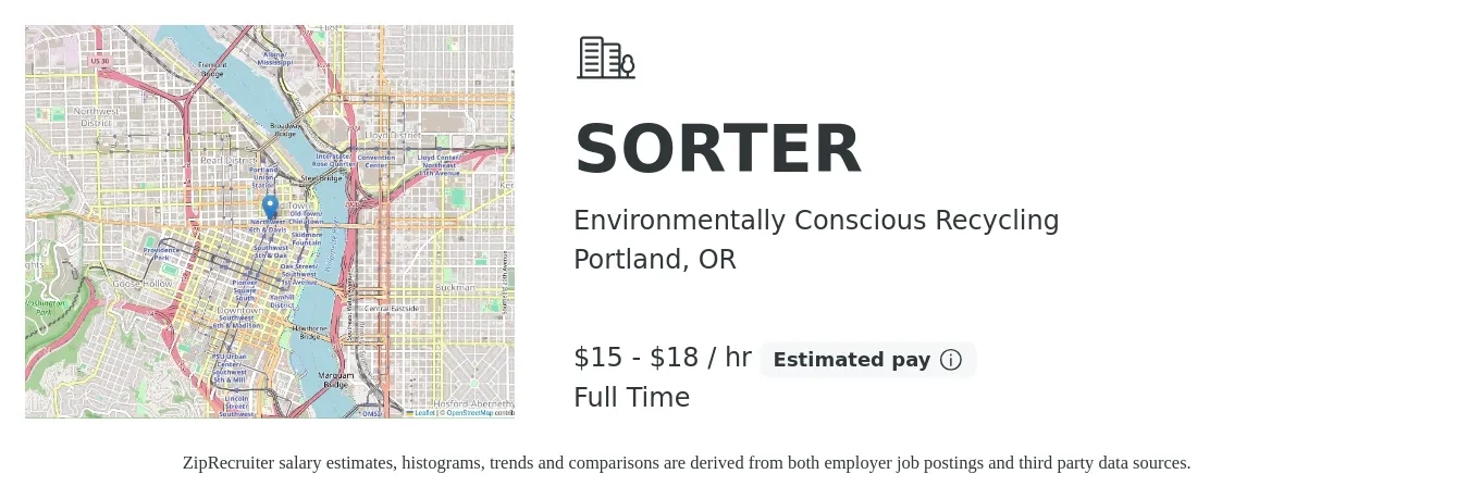 Environmentally Conscious Recycling job posting for a SORTER in Portland, OR with a salary of $16 to $19 Hourly with a map of Portland location.