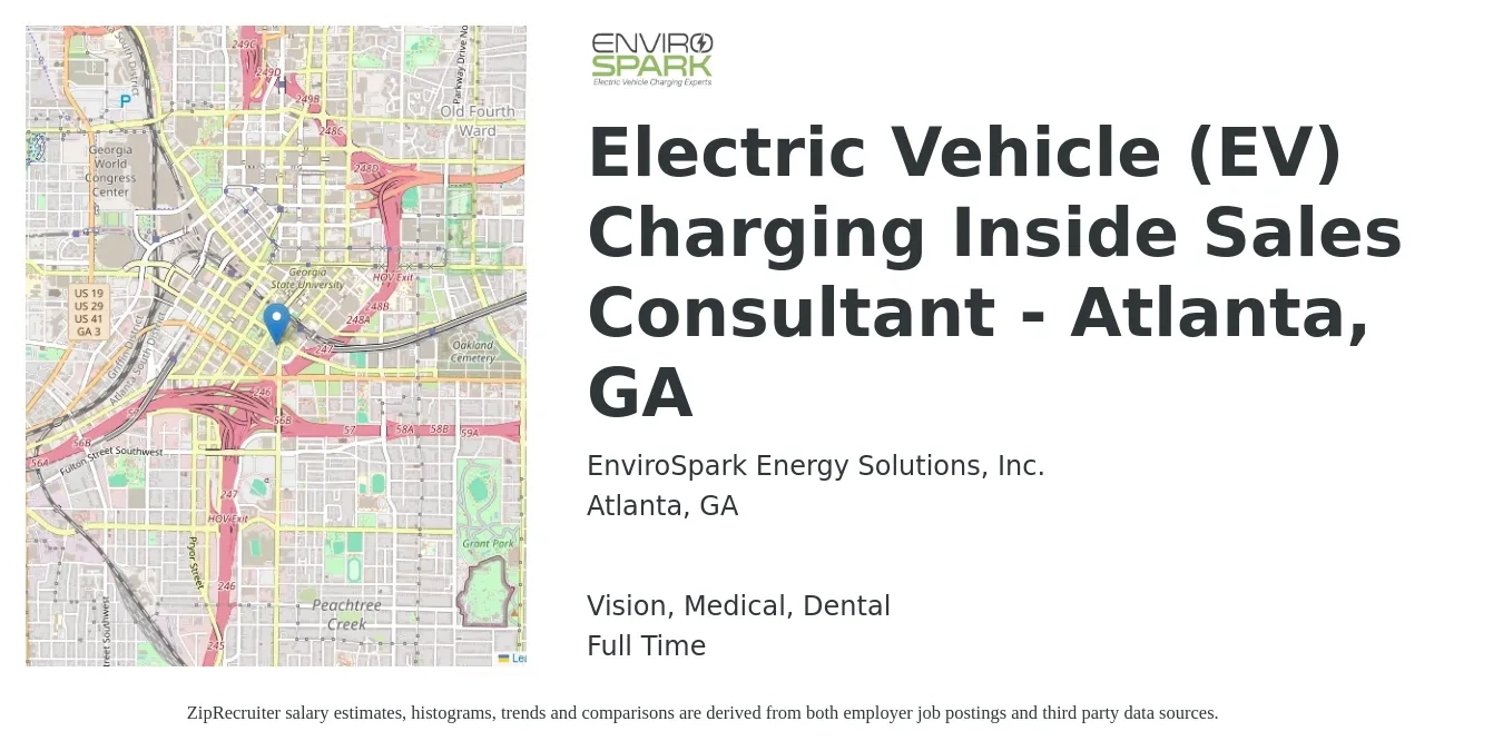 EnviroSpark Energy Solutions, Inc. job posting for a Electric Vehicle (EV) Charging Inside Sales Consultant - Atlanta, GA in Atlanta, GA with a salary of $37,500 to $52,200 Yearly and benefits including retirement, vision, dental, life_insurance, and medical with a map of Atlanta location.