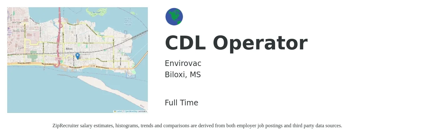 Envirovac job posting for a CDL Operator in Biloxi, MS with a salary of $16 to $23 Hourly with a map of Biloxi location.