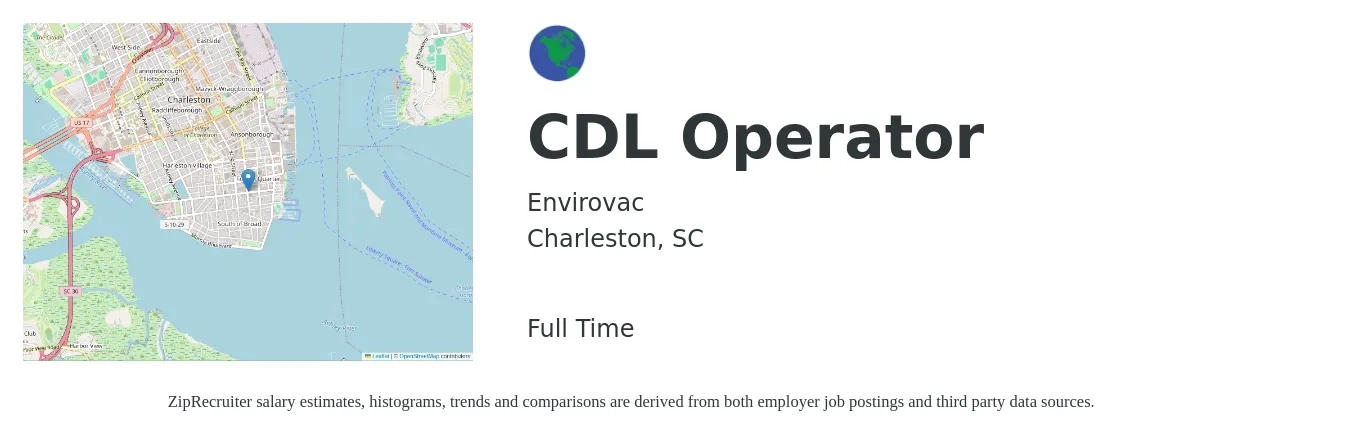 Envirovac job posting for a CDL Operator in Charleston, SC with a salary of $17 to $24 Hourly with a map of Charleston location.