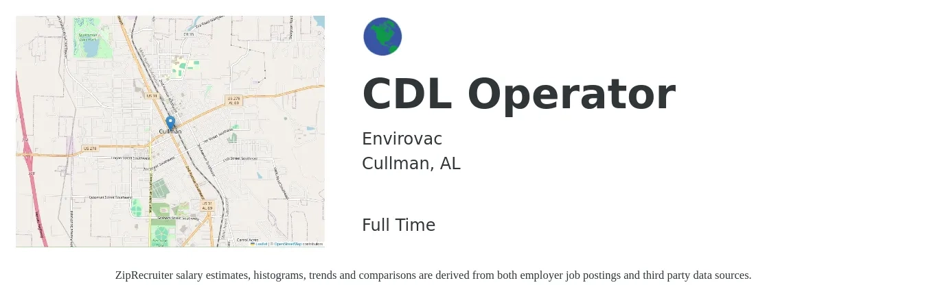 Envirovac job posting for a CDL Operator in Cullman, AL with a salary of $16 to $23 Hourly with a map of Cullman location.