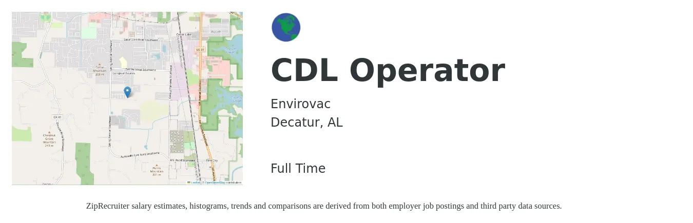 Envirovac job posting for a CDL Operator in Decatur, AL with a salary of $17 to $24 Hourly with a map of Decatur location.