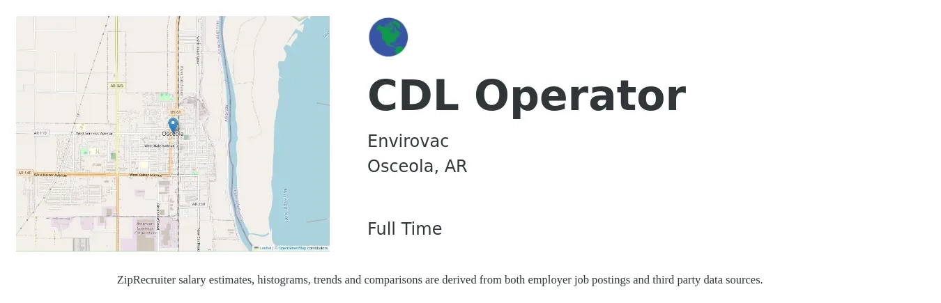 Envirovac job posting for a CDL Operator in Osceola, AR with a salary of $16 to $22 Hourly with a map of Osceola location.