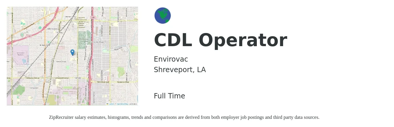 Envirovac job posting for a CDL Operator in Shreveport, LA with a salary of $18 to $26 Hourly with a map of Shreveport location.