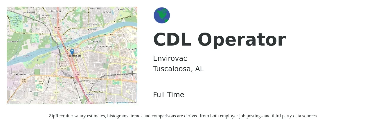 Envirovac job posting for a CDL Operator in Tuscaloosa, AL with a salary of $17 to $24 Hourly with a map of Tuscaloosa location.