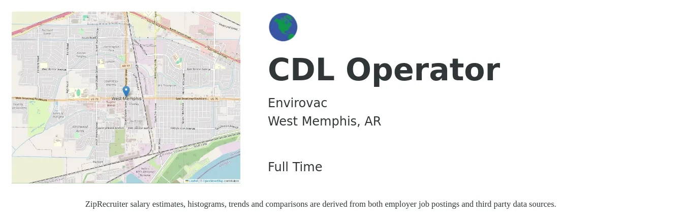 Envirovac job posting for a CDL Operator in West Memphis, AR with a salary of $17 to $24 Hourly with a map of West Memphis location.