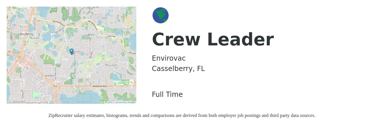 Envirovac job posting for a Crew Leader in Casselberry, FL with a salary of $15 to $22 Hourly with a map of Casselberry location.