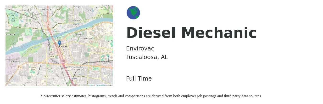 Envirovac job posting for a Diesel Mechanic in Tuscaloosa, AL with a salary of $22 to $30 Hourly with a map of Tuscaloosa location.