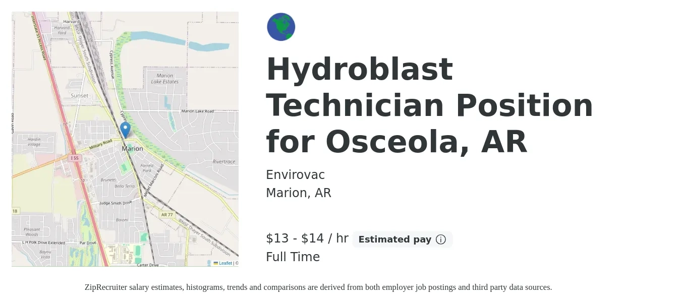 Envirovac job posting for a Hydroblast Technician Position for Osceola, AR in Marion, AR with a salary of $14 to $15 Hourly with a map of Marion location.