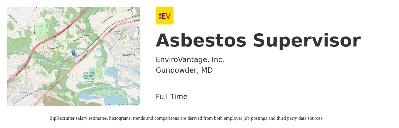 EnviroVantage, Inc. job posting for a Asbestos Supervisor in Gunpowder, MD with a salary of $113,800 to $117,700 Yearly with a map of Gunpowder location.