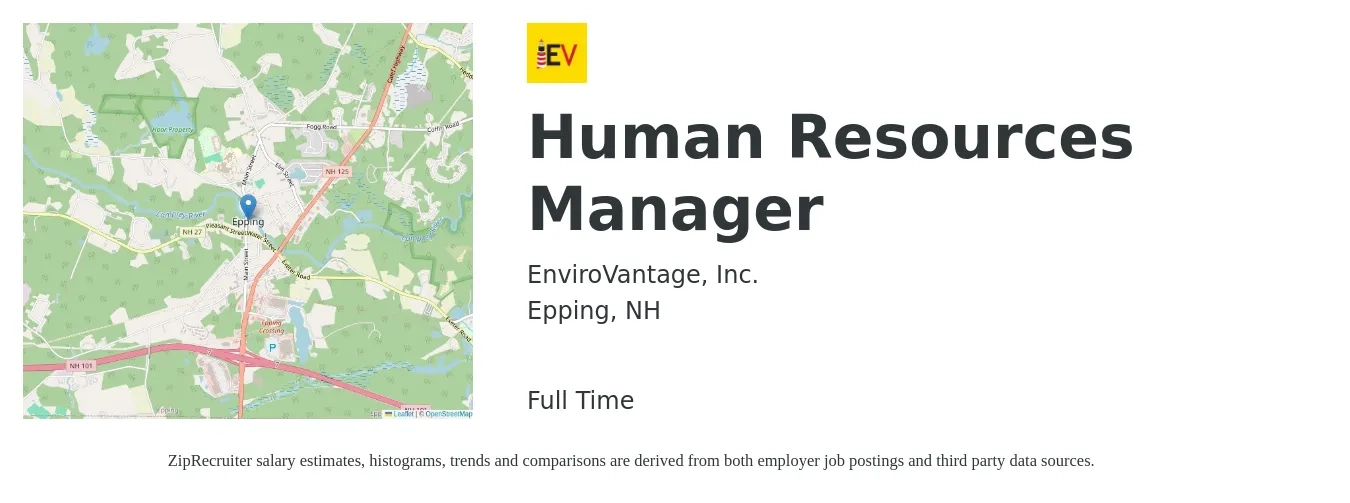 EnviroVantage, Inc. job posting for a Human Resources Manager in Epping, NH with a salary of $70,900 to $102,800 Yearly with a map of Epping location.