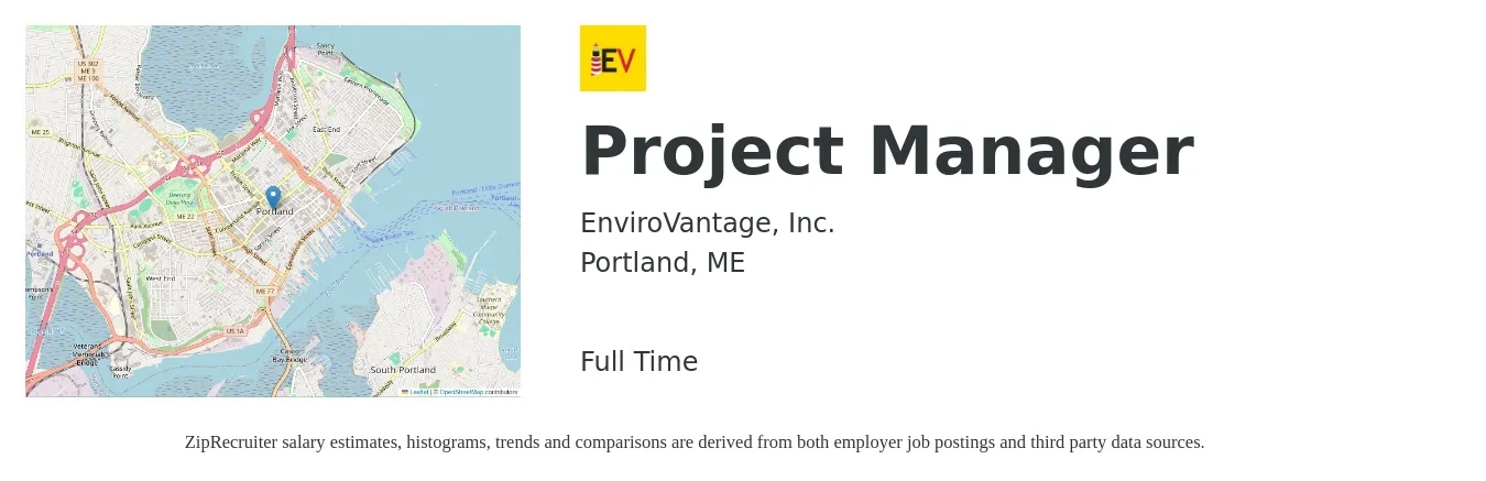 EnviroVantage, Inc. job posting for a Project Manager in Portland, ME with a salary of $80,300 to $125,900 Yearly with a map of Portland location.