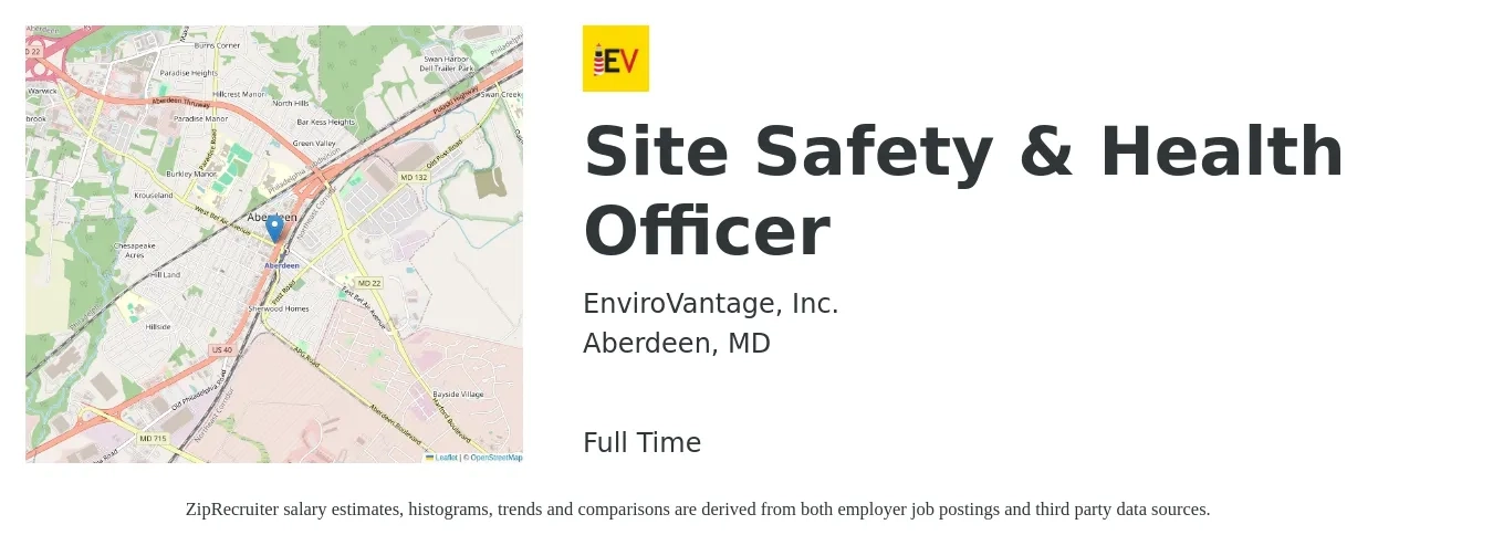 EnviroVantage, Inc. job posting for a Site Safety & Health Officer in Aberdeen, MD with a salary of $51,100 to $86,000 Yearly with a map of Aberdeen location.