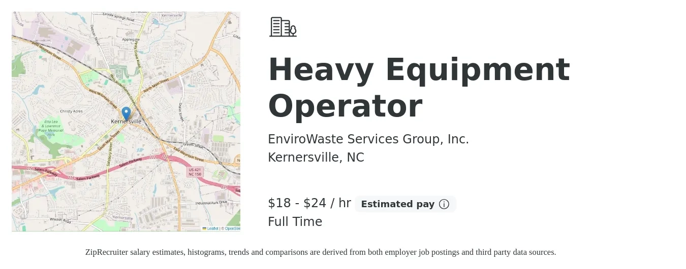EnviroWaste Services Group, Inc. job posting for a Heavy Equipment Operator in Kernersville, NC with a salary of $19 to $25 Hourly with a map of Kernersville location.