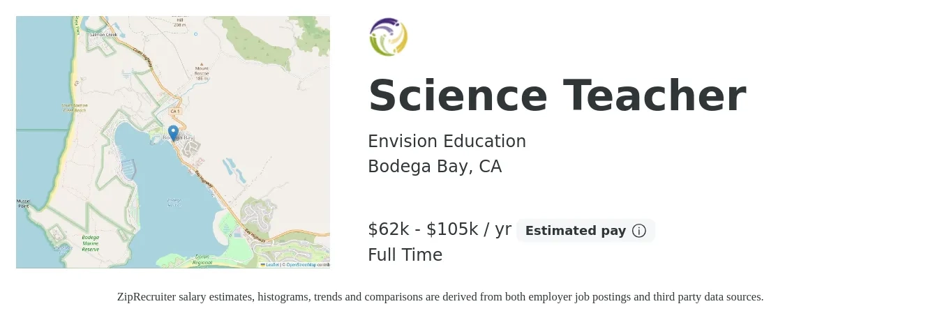 Envision Education job posting for a Science Teacher in Bodega Bay, CA with a salary of $62,424 to $105,604 Yearly with a map of Bodega Bay location.