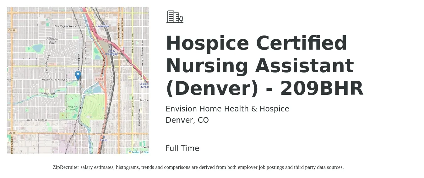 Envision Home Health & Hospice job posting for a Hospice Certified Nursing Assistant (Denver) - 209BHR in Denver, CO with a salary of $20 to $26 Hourly with a map of Denver location.