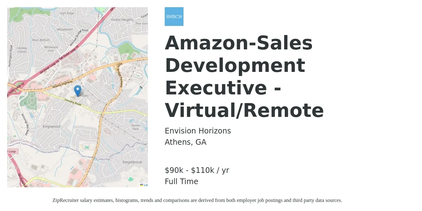 Envision Horizons job posting for a Amazon-Sales Development Executive - Virtual/Remote in Athens, GA with a salary of $90,000 to $110,000 Yearly with a map of Athens location.