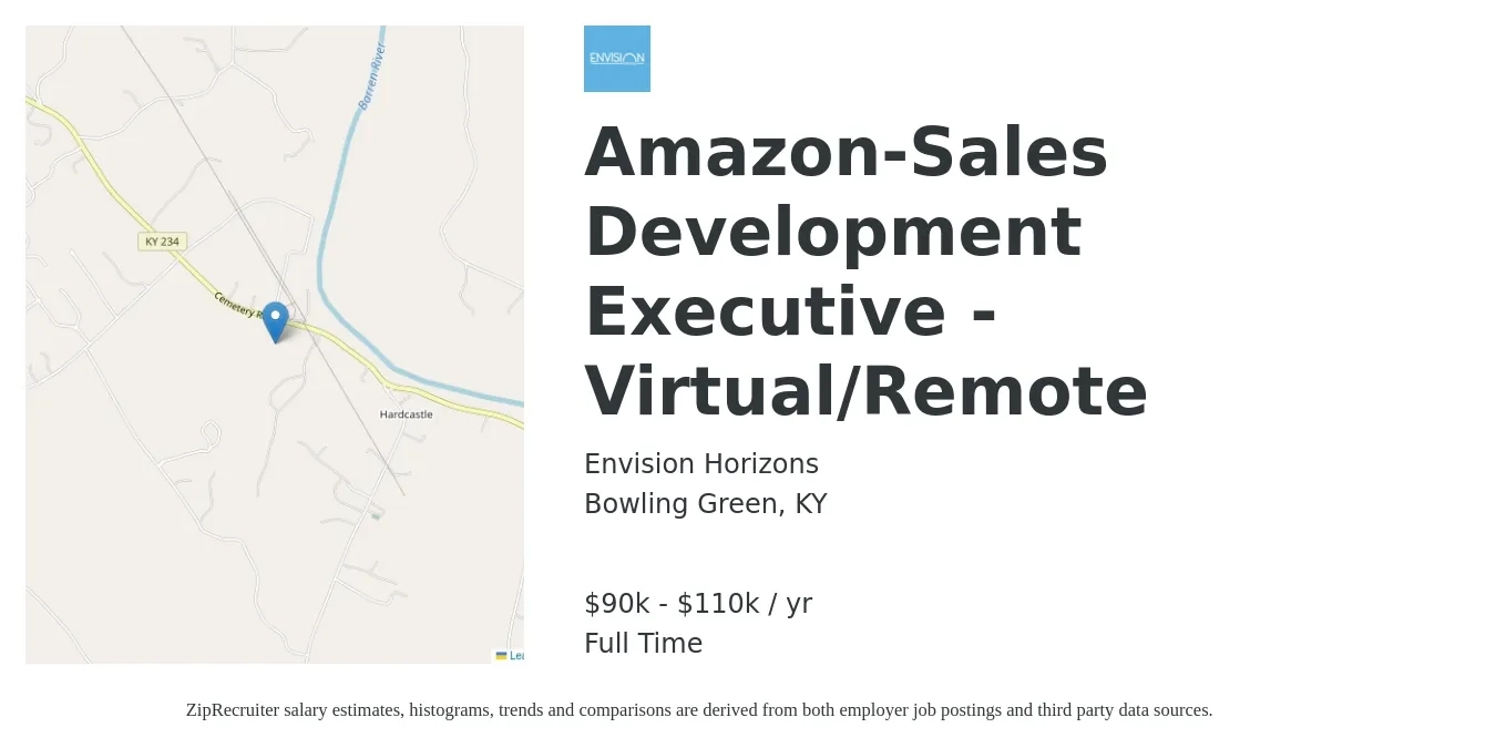 Envision Horizons job posting for a Amazon-Sales Development Executive - Virtual/Remote in Bowling Green, KY with a salary of $90,000 to $110,000 Yearly with a map of Bowling Green location.