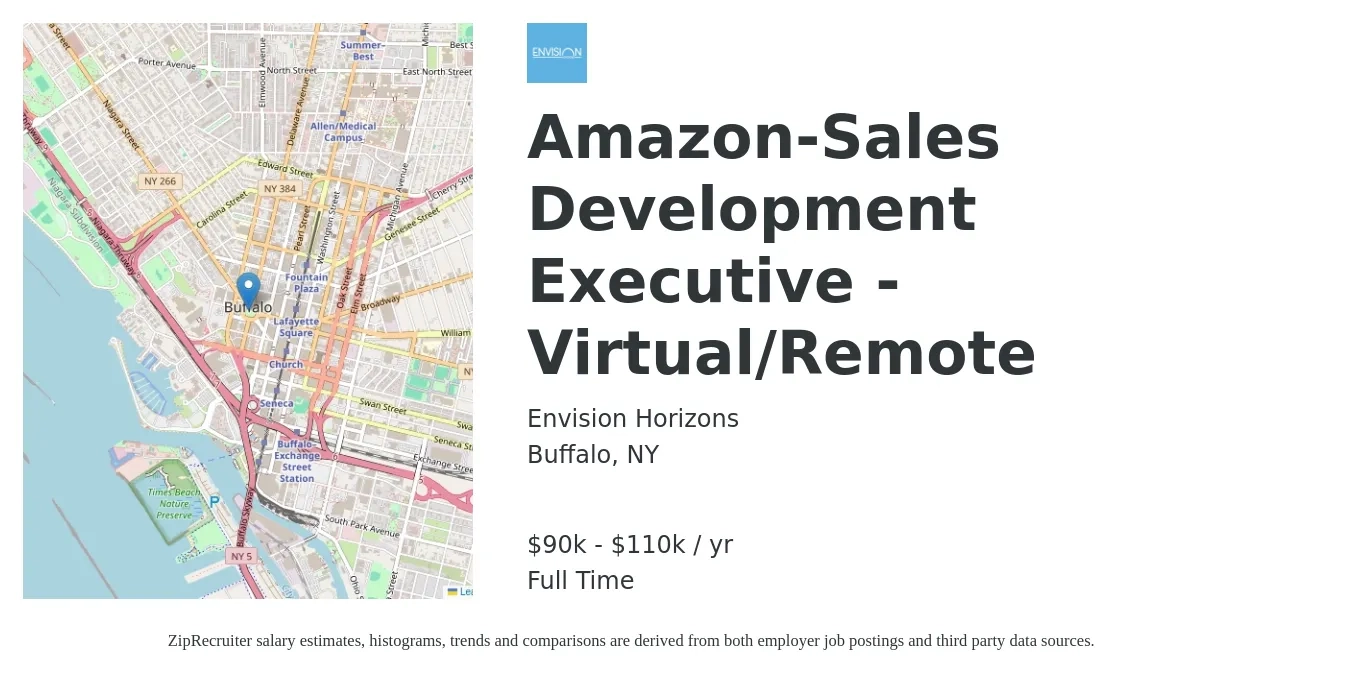 Envision Horizons job posting for a Amazon-Sales Development Executive - Virtual/Remote in Buffalo, NY with a salary of $90,000 to $110,000 Yearly with a map of Buffalo location.