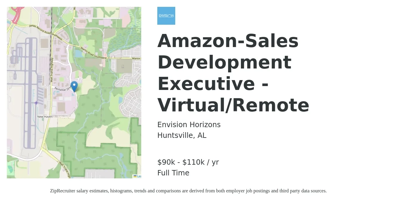 Envision Horizons job posting for a Amazon-Sales Development Executive - Virtual/Remote in Huntsville, AL with a salary of $90,000 to $110,000 Yearly with a map of Huntsville location.
