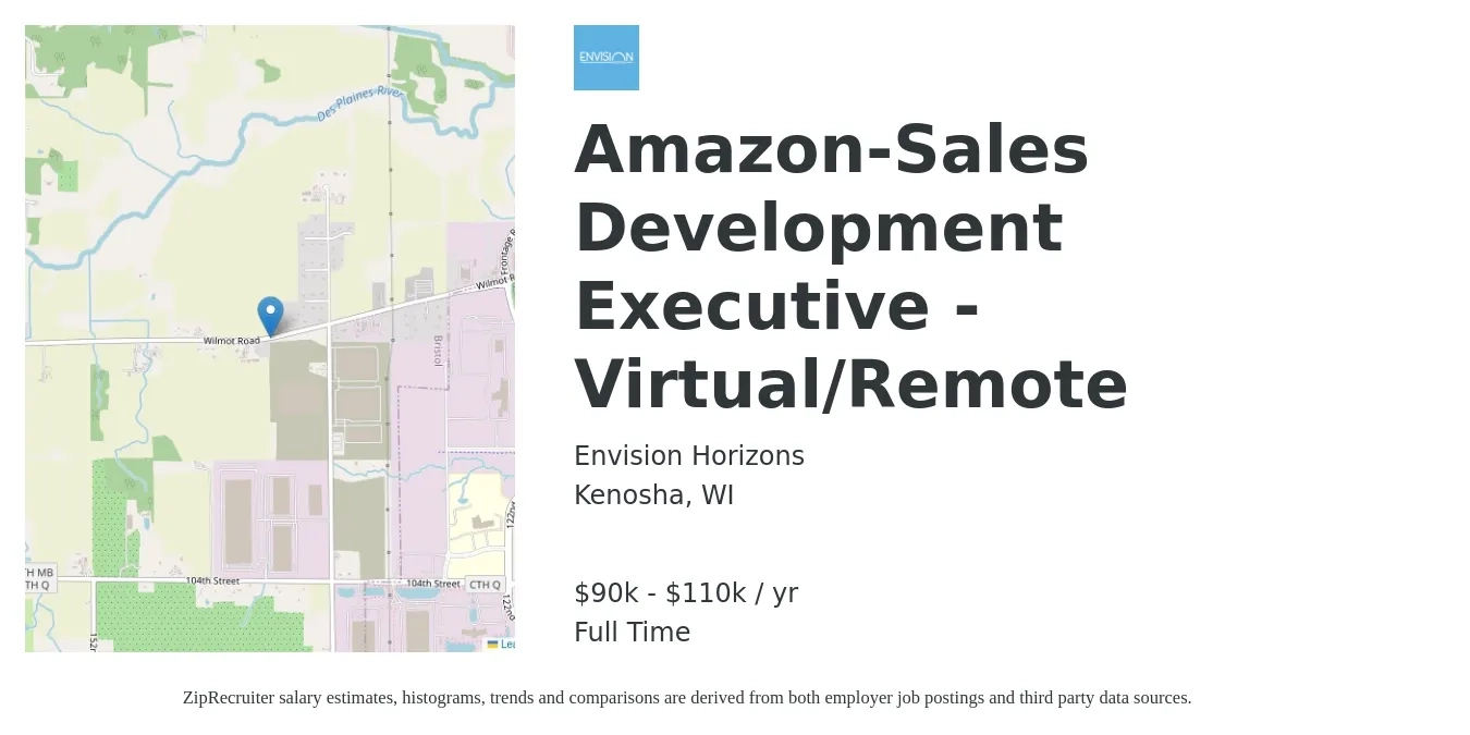 Envision Horizons job posting for a Amazon-Sales Development Executive - Virtual/Remote in Kenosha, WI with a salary of $90,000 to $110,000 Yearly with a map of Kenosha location.