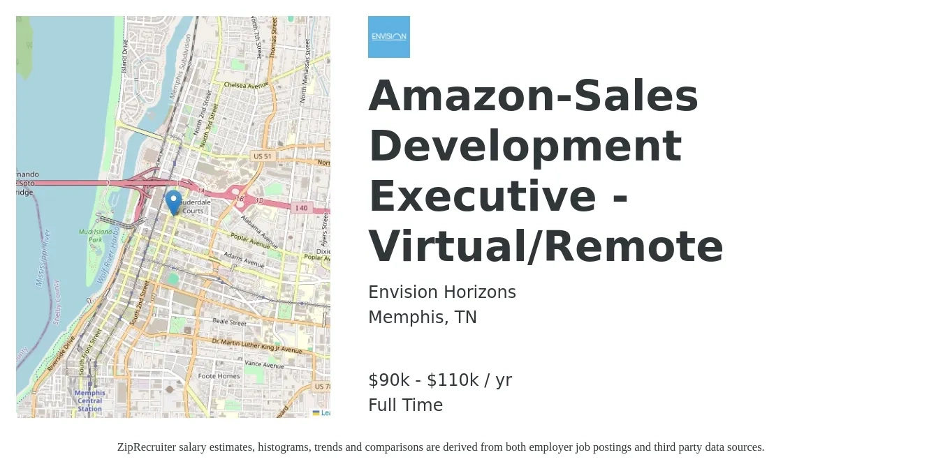 Envision Horizons job posting for a Amazon-Sales Development Executive - Virtual/Remote in Memphis, TN with a salary of $90,000 to $110,000 Yearly with a map of Memphis location.