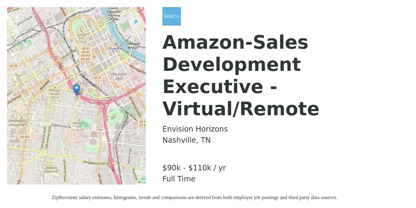 Envision Horizons job posting for a Amazon-Sales Development Executive - Virtual/Remote in Nashville, TN with a salary of $90,000 to $110,000 Yearly with a map of Nashville location.