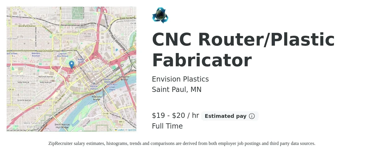 Envision Plastics job posting for a CNC Router/Plastic Fabricator in Saint Paul, MN with a salary of $20 to $21 Hourly with a map of Saint Paul location.