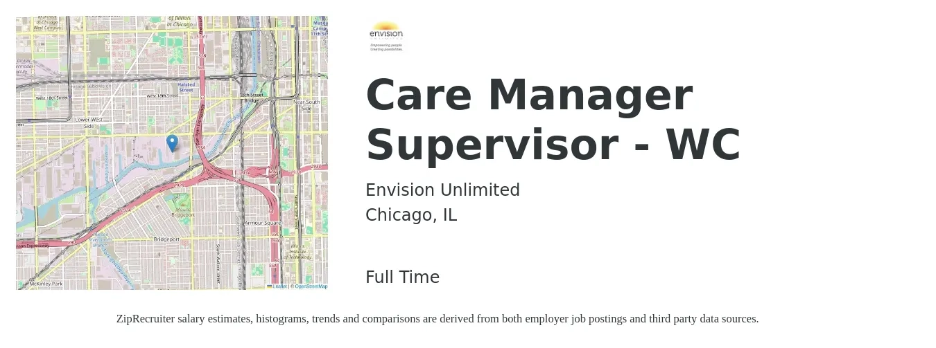 Envision Unlimited job posting for a Care Manager Supervisor - WC in Chicago, IL with a salary of $43,800 to $62,300 Yearly with a map of Chicago location.
