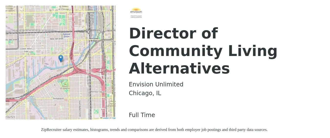 Envision Unlimited job posting for a Director of Community Living Alternatives in Chicago, IL with a map of Chicago location.