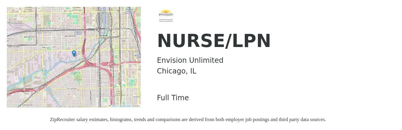 Envision Unlimited job posting for a NURSE/LPN in Chicago, IL with a salary of $26 to $36 Hourly with a map of Chicago location.