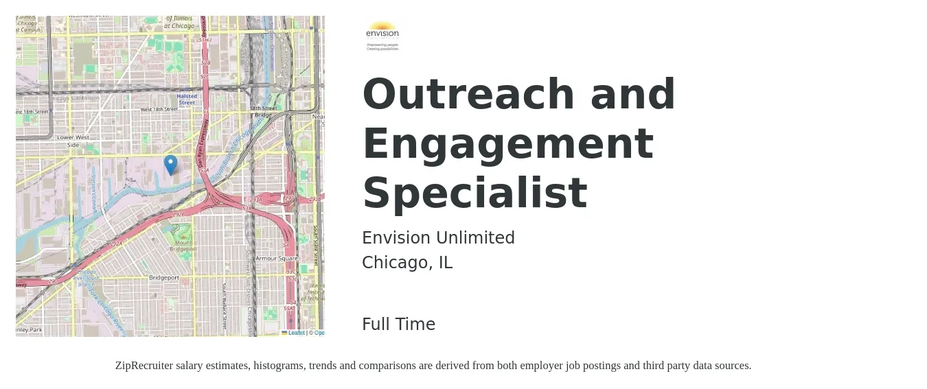 Envision Unlimited job posting for a Outreach and Engagement Specialist in Chicago, IL with a salary of $21 to $30 Hourly with a map of Chicago location.
