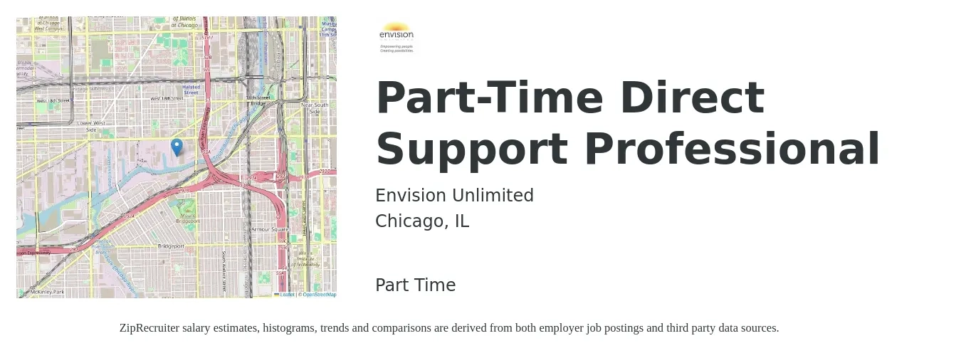 Envision Unlimited job posting for a Part-Time Direct Support Professional in Chicago, IL with a salary of $16 to $19 Hourly with a map of Chicago location.