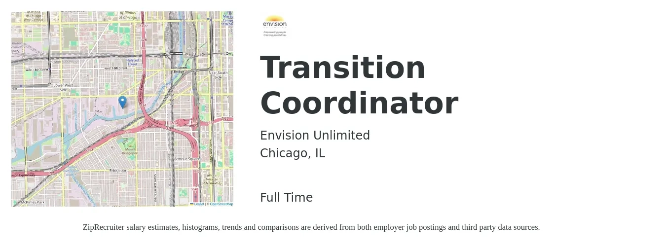 Envision Unlimited job posting for a Transition Coordinator in Chicago, IL with a salary of $20 to $29 Hourly with a map of Chicago location.