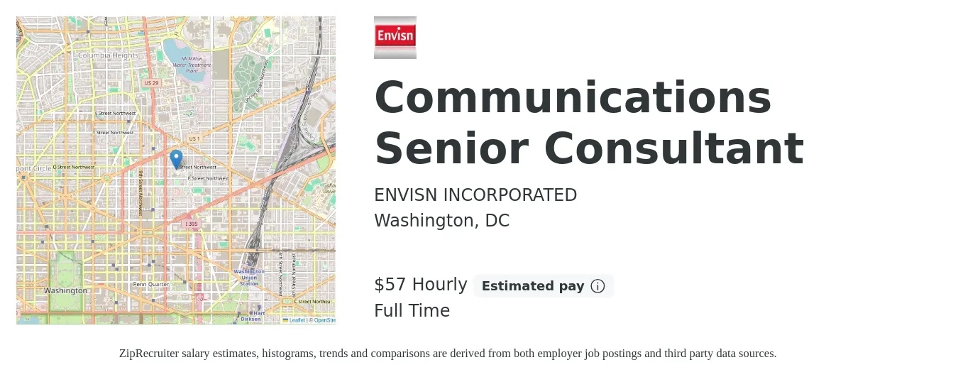 ENVISN INCORPORATED job posting for a Communications Senior Consultant in Washington, DC with a salary of $60 Hourly with a map of Washington location.