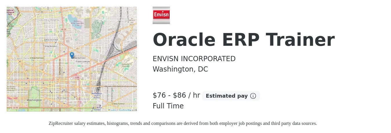 ENVISN INCORPORATED job posting for a Oracle ERP Trainer in Washington, DC with a salary of $80 to $90 Hourly with a map of Washington location.