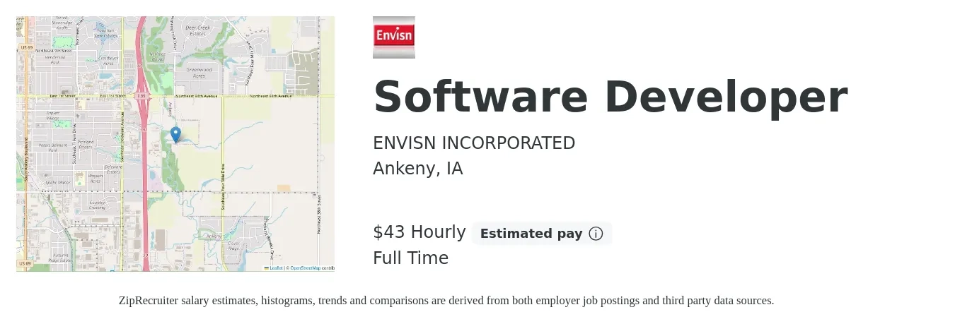 ENVISN INCORPORATED job posting for a Software Developer in Ankeny, IA with a salary of $45 Hourly with a map of Ankeny location.